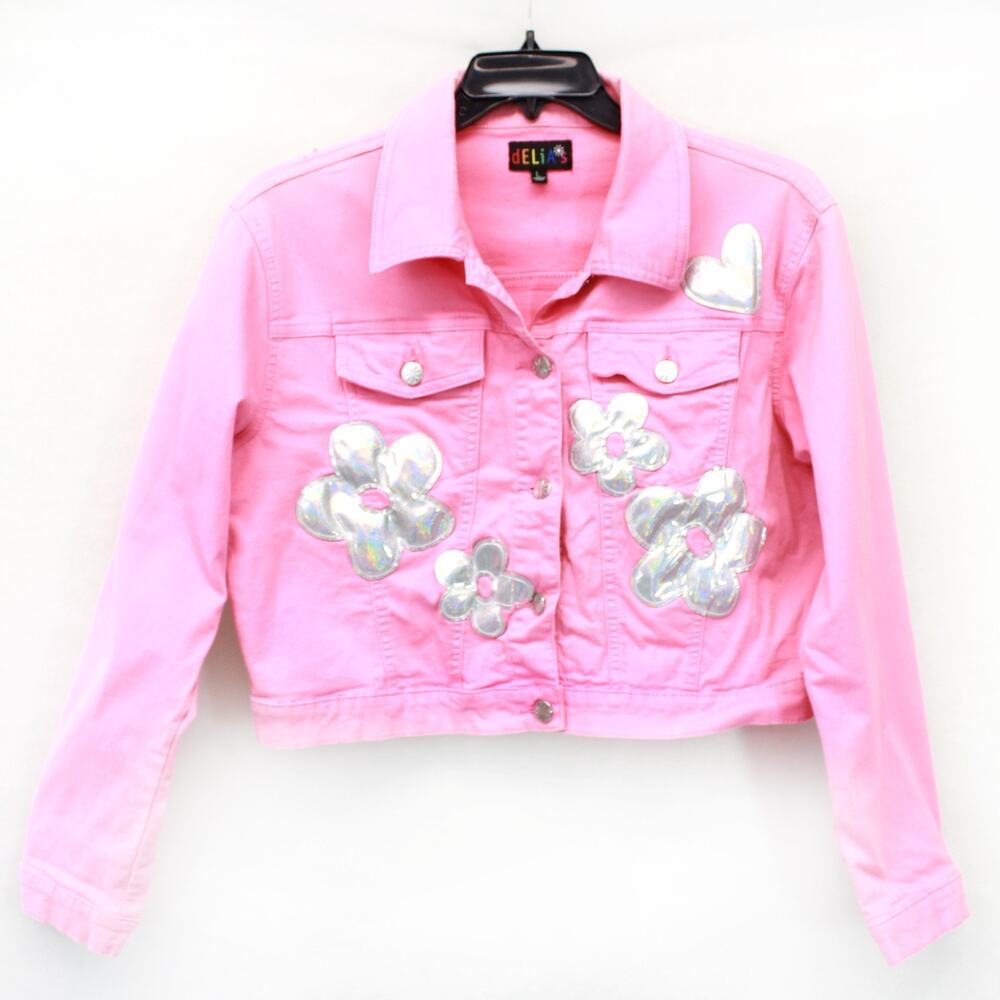 dELiA*s Pink Jacket Embroidered Floral Button Pocket Y2K 90’s VTG Large 12-14